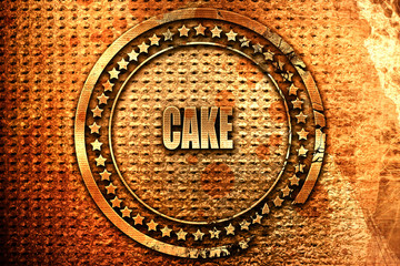 Delicious cake sign, 3D rendering, grunge metal stamp