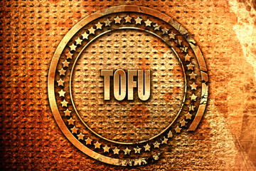 Delicious tofu sign, 3D rendering, grunge metal stamp