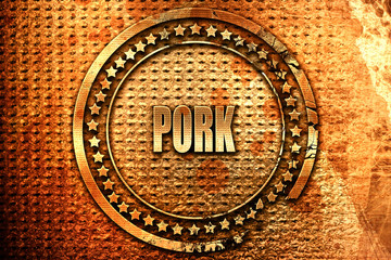 Delicious pork signs, 3D rendering, grunge metal stamp