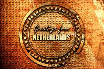 Greetings from netherlands, 3D rendering, grunge metal stamp