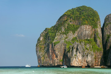 Maya Bay surrounded by limestone cliffs on Phi Phi Leh Island, K