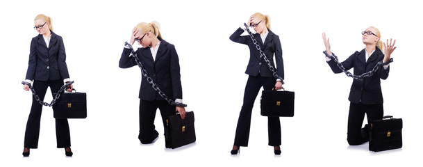 Businesswoman with chain isolated on the white