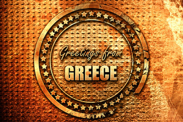 Greetings from greece, 3D rendering, grunge metal stamp