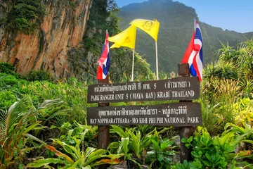 Zelfklevend Fotobehang National park board on Phi Phi Leh Island, Krabi Province, Thail © donyanedomam