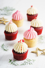 colorful cupcakes on white wooden background