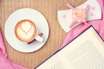 Fototapeta na wymiar Coffee with pink scarf. Valentines concept. Rustic style. Flat l