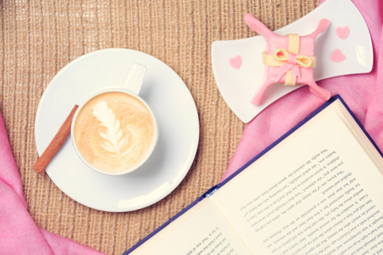 Coffee with pink scarf. Valentines concept. Rustic style. Flat l