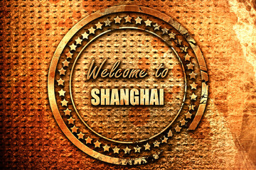 Welcome to shanghai, 3D rendering, grunge metal stamp