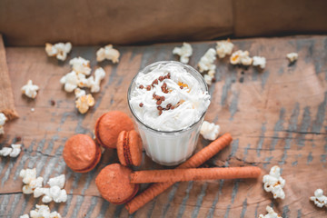 Milkshake with chocolate baking, popcorn