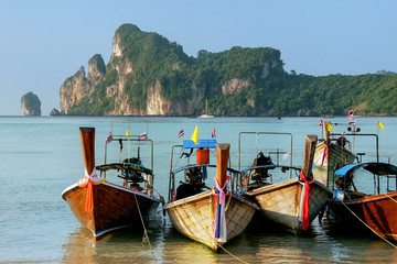 Longtail boats anchored at Ao Loh Dalum beach on Phi Phi Don Isl