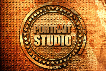 portrait studio, 3D rendering, grunge metal stamp