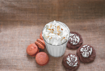 Milkshake with chocolate baking, popcorn