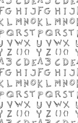 Hand drawn doodle letters and decorative elements seamless pattern. Black and white background.