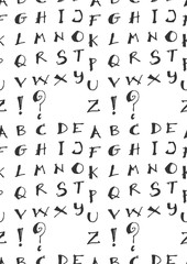 Hand drawn doodle letters and decorative elements seamless pattern. Black and white background.