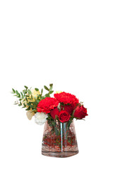 beautiful red roses on wooden table