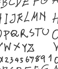 Hand drawn doodle letters and decorative elements seamless pattern. Black and white background.