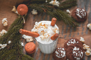 Chocolate milkshake with protection, popcorn