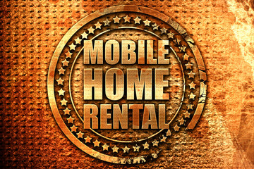 mobile home rental, 3D rendering, grunge metal stamp