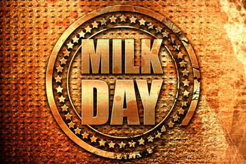 milk day, 3D rendering, grunge metal stamp