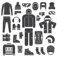 Winter sports clothes and accessories for active lifestyle outline icons. Skiing and snowboarding winter sportswear and warm dress silhouettes. Snow activities and sports clothing set in monochrome.