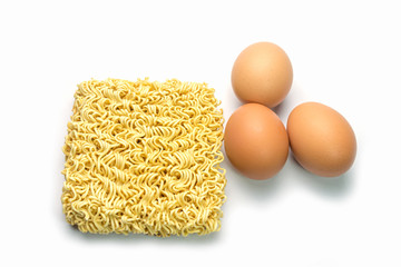 Noodle, Instant noodles and eggs isolated on white background