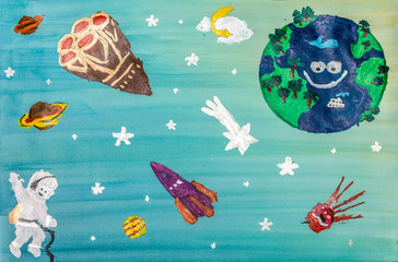 The children's drawing acrylic paints, space, rockets, the mother Earth, the astronaut in a space suit