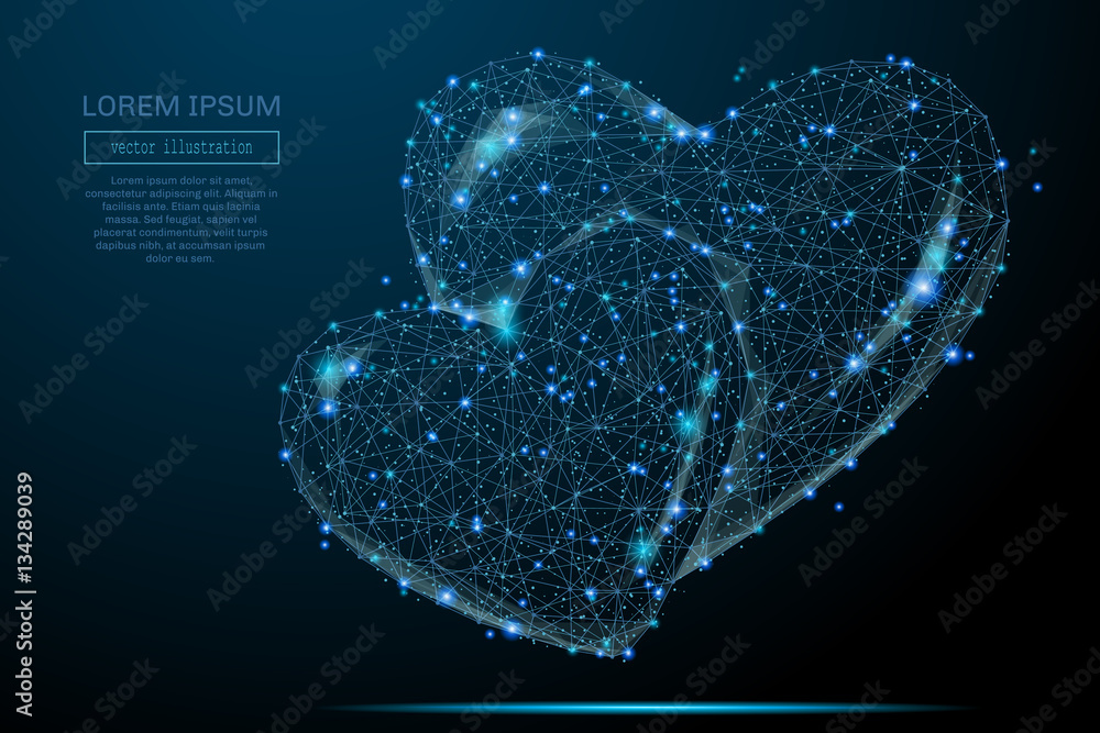 Poster Abstract image of two hearts in the form of a starry sky or space, consisting of points, lines, and shapes in the form of planets, stars and the universe. Saint Valentines Day vector wireframe concept