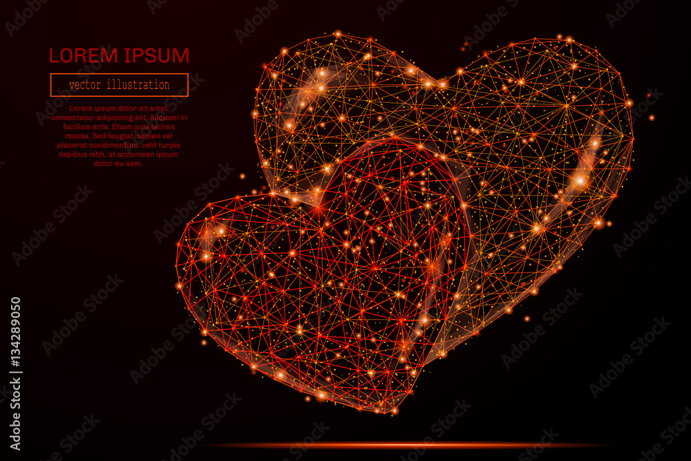 Poster abstract mash line and point two hearts in flames style on dark background with an inscription. star