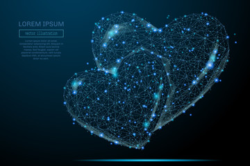 Abstract image of two hearts in the form of a starry sky or space, consisting of points, lines, and shapes in the form of planets, stars and the universe. Saint Valentines Day vector wireframe concept