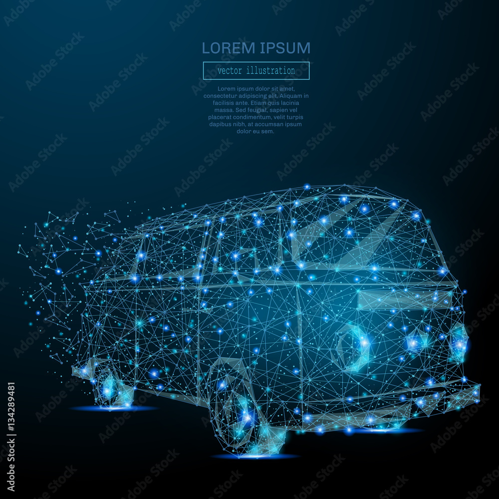 Poster Abstract image of Surfer van in the form of a starry sky or space, consisting of points, lines, and shapes in the form of planets, stars and the universe. Travel vector wireframe concept