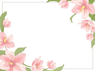 Fototapeta premium Corner frame template with sakura magnolia hellebore flowers on white background. Horizontal landscape orientation. Vector design illustration floral garland element for decoration, card, invitation.