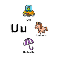 Alphabet Letter U-ufo,unicorn,umbrella vector illustration