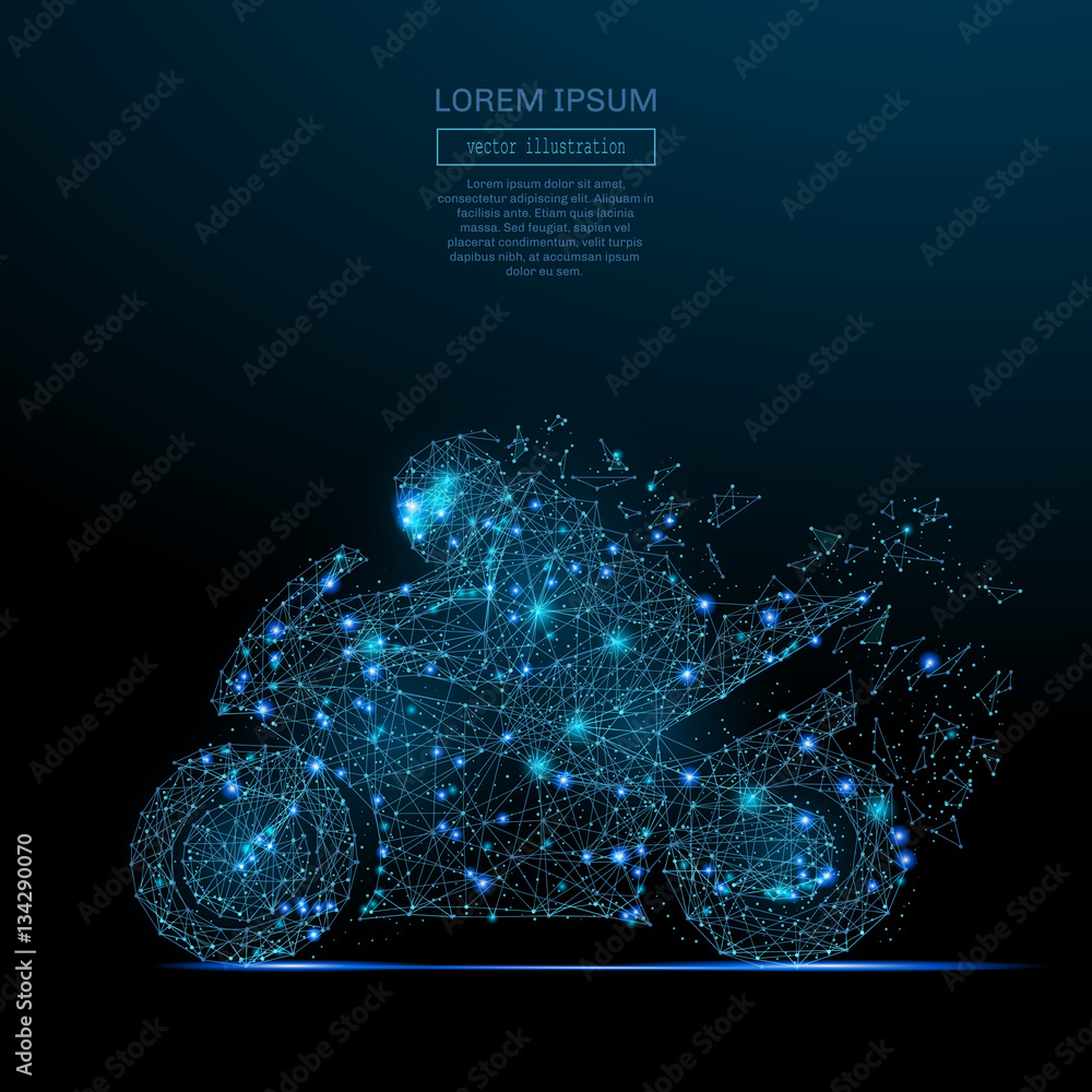 Poster Abstract image of a motorcycle racing in the form of a starry sky or space, consisting of points, lines, and shapes in the form of planets, stars and the universe. Vector wireframe concept.