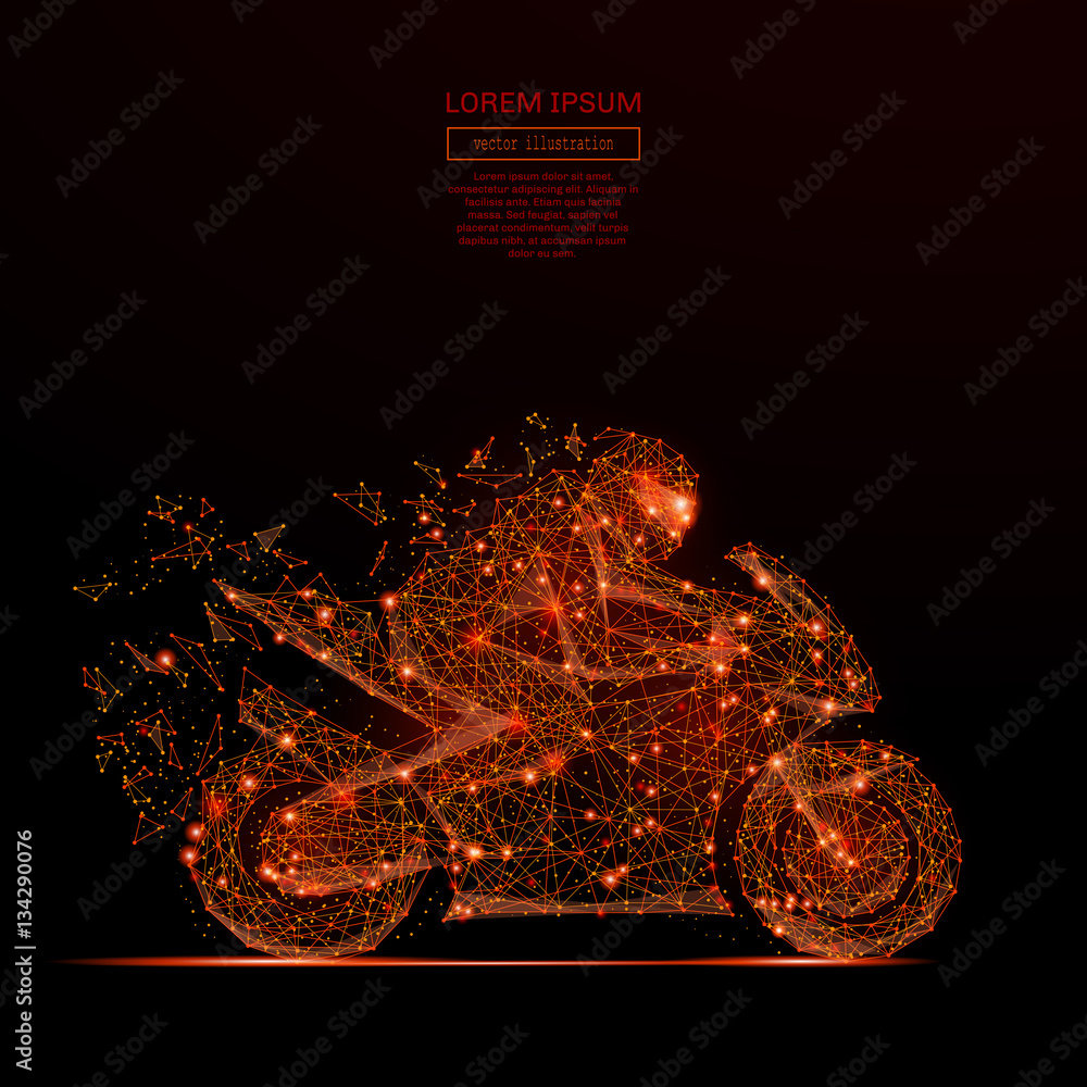 Poster Abstract mash line and point motorcycle racing in flames style on dark background with an inscription. Starry sky or space, consisting of stars and the universe Vector illustration