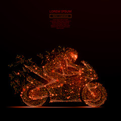 Abstract mash line and point motorcycle racing in flames style on dark background with an inscription. Starry sky or space, consisting of stars and the universe Vector illustration © AntonKhrupinArt