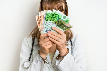 Female doctor with money and handcuffs - bribe concept