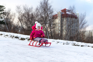 The child, a little girl riding on a sled with snow slides. Winter fun for children.