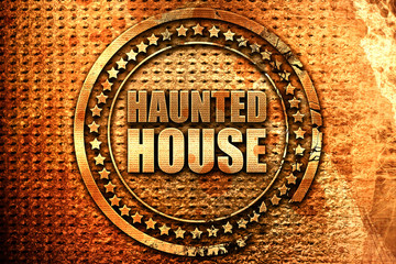 haunted house, 3D rendering, grunge metal stamp