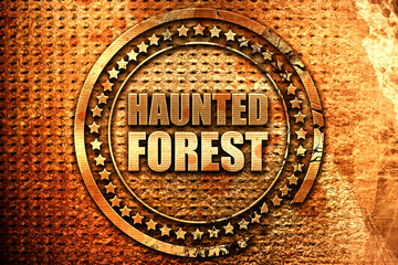 haunted forest, 3D rendering, grunge metal stamp