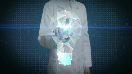 Female researcher, Engineer, doctor touching screen, Digital lines create idea bulb shape, digital concept. intelligence technology.