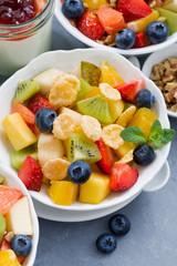 healthy breakfast with fresh fruit salad, vertical, closeup
