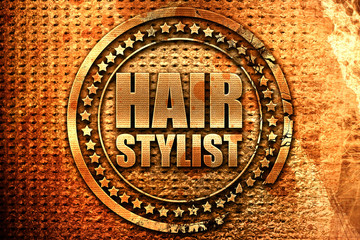 hair stylist, 3D rendering, grunge metal stamp