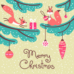 Merry Christmas. Cute little squirrels with gift on trees.