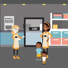 family in front of store flat illustration