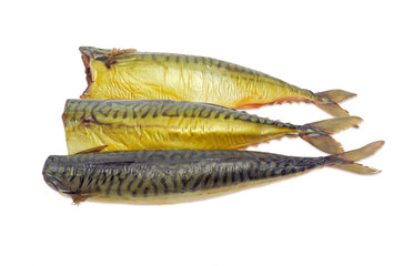 Several smoked Atlantic mackerel on a light background