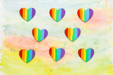 Lgbt rainbow hearts pattern on watercolor background for St Valentine's Day