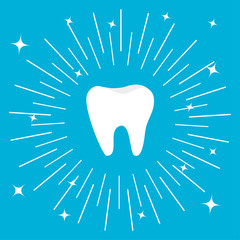 Healthy tooth big icon. Round line circle. Oral dental hygiene. Children teeth care. Shining effect stars. Blue background. Flat design.
