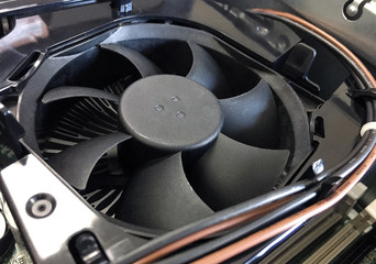 Close-up view.Fan blades of computer processor cooler.