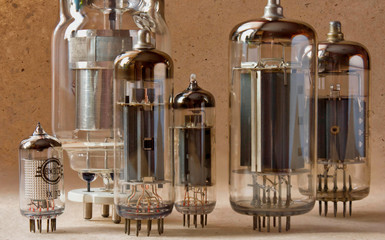 close up view of different vintage electronic vacuum tubes.
