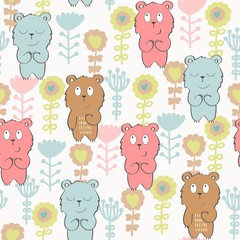 Fototapeta premium Vector seamless pattern with bear and flowers